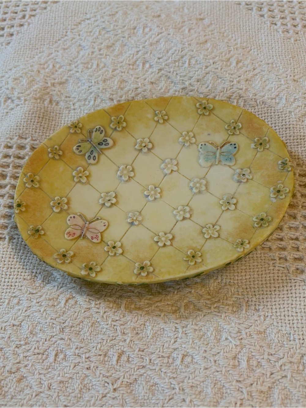 Hand-Painted Floral & Butterfly Decorative Tray - Yellow